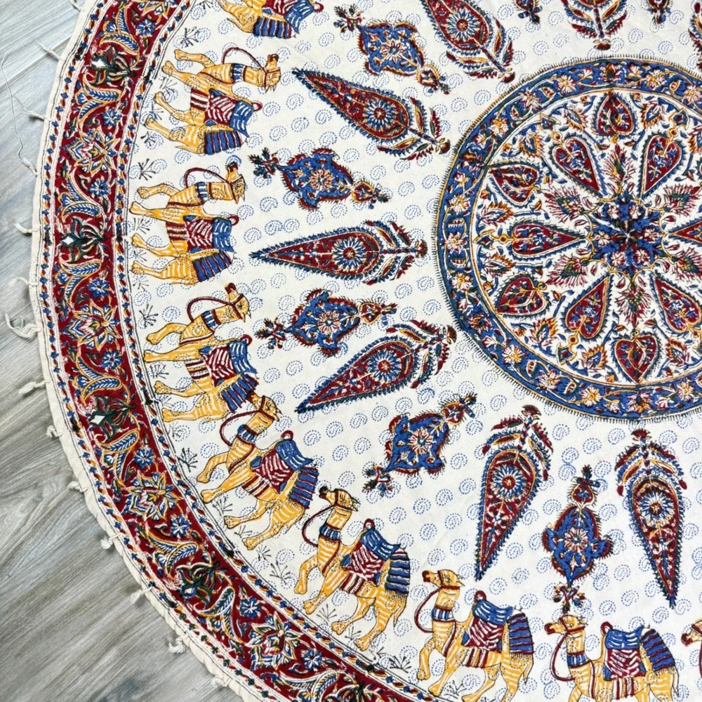 Vintage‎ Kalamkari Tablecloth Ghalamkar Block Print Round Mandala